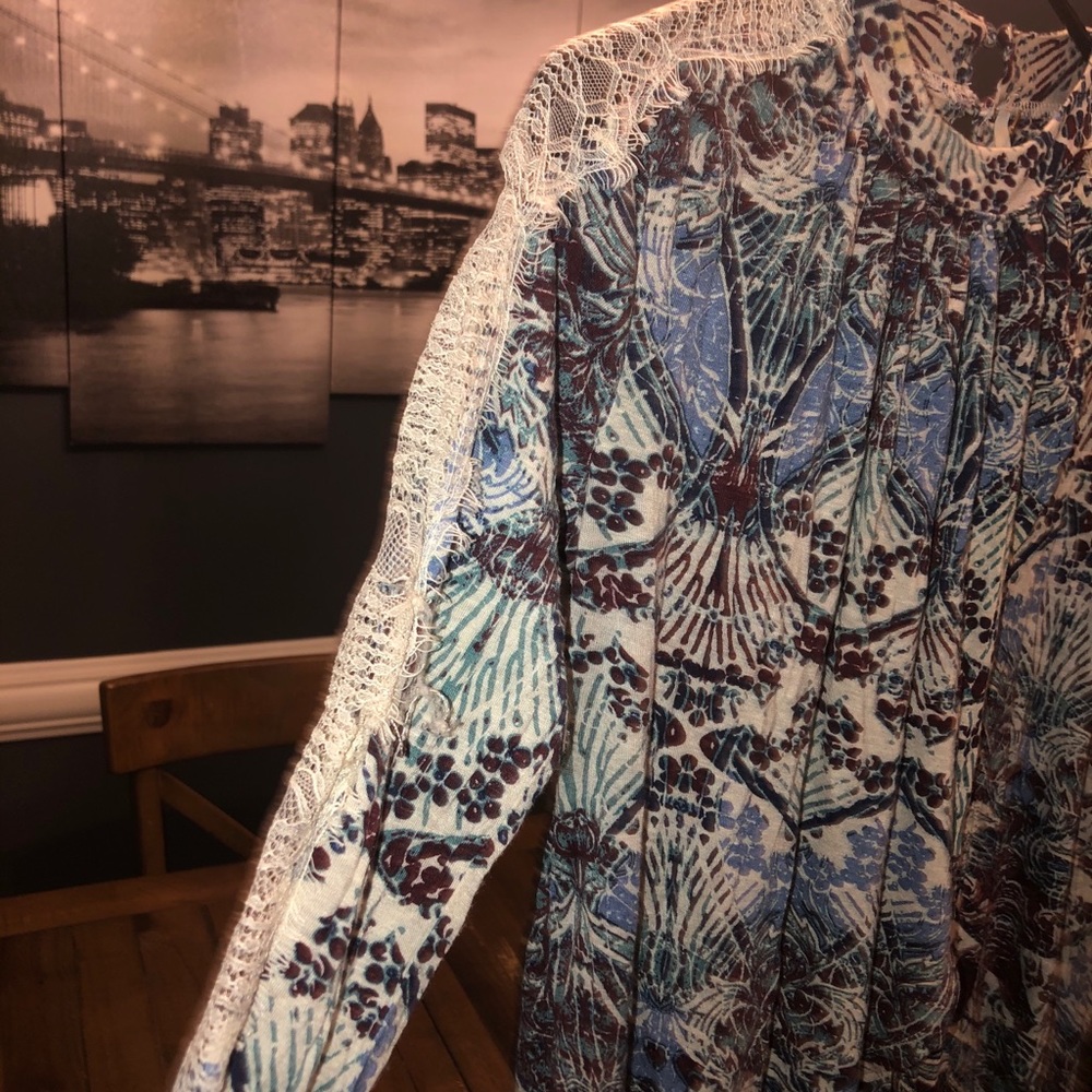 Free People Blue and White Lace Top
